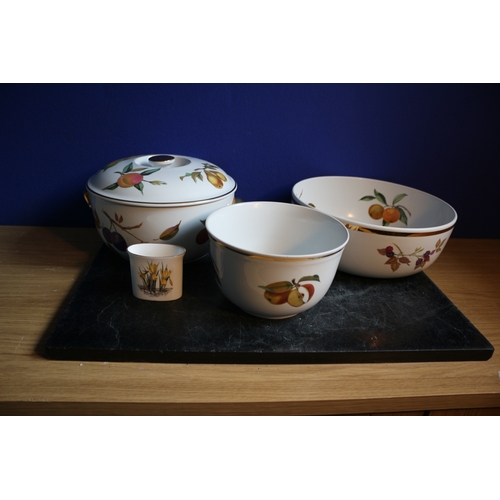 136 - Royal Worcester 'Evesham' Lidded Pot, Plus Large Bowls and Small Vase. Largest is 25cm/10 Inch Diame... 