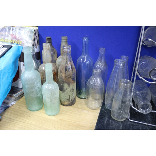 53 - Metal Milk Bottle Stand (Holds 15 Bottles) Plus a Selection of Local Milk Bottles