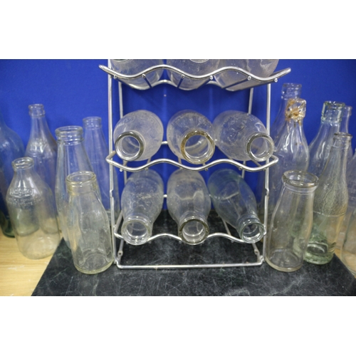 53 - Metal Milk Bottle Stand (Holds 15 Bottles) Plus a Selection of Local Milk Bottles