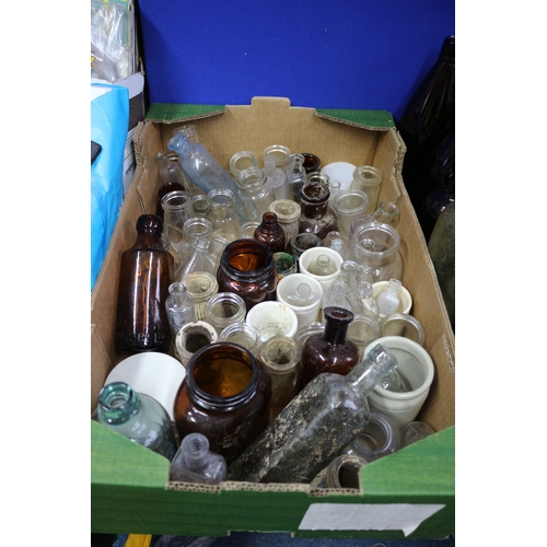 54 - Large Selection of Vintage Glass Bottles Including 2 Trays of Medicine Bottles