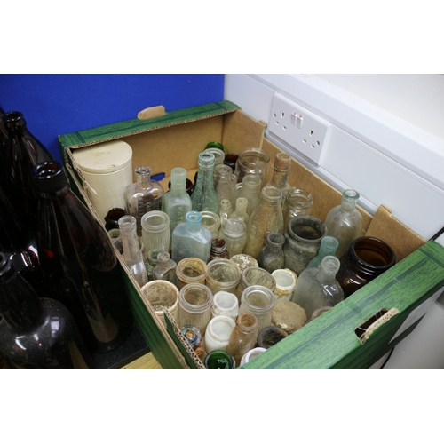 54 - Large Selection of Vintage Glass Bottles Including 2 Trays of Medicine Bottles