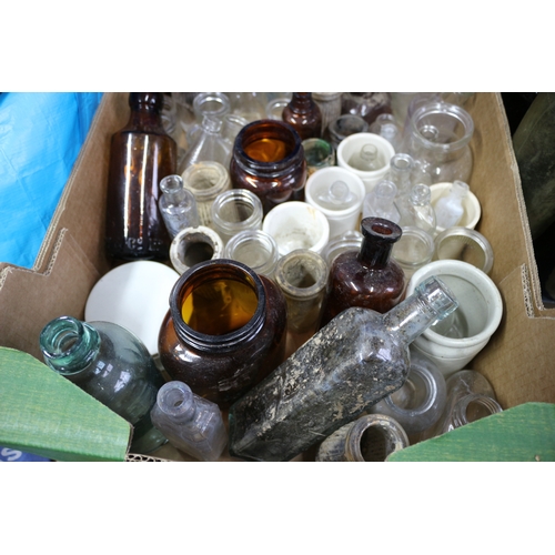 54 - Large Selection of Vintage Glass Bottles Including 2 Trays of Medicine Bottles