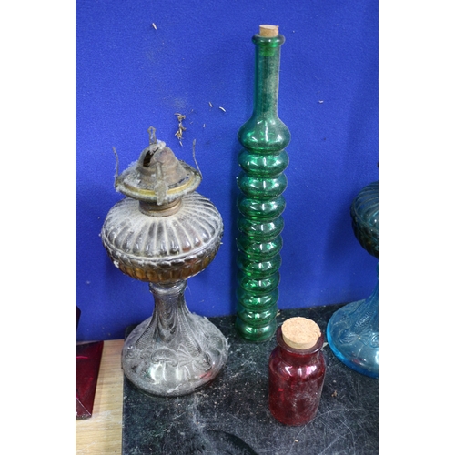 70 - Collection of Oil Glass Lamps & Coloured Glass