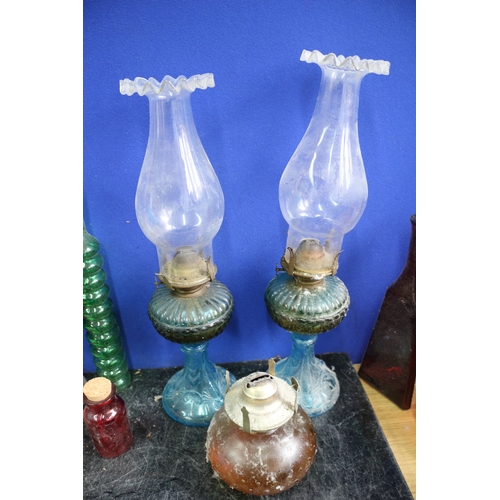 70 - Collection of Oil Glass Lamps & Coloured Glass