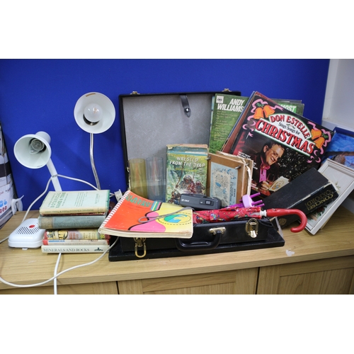 84 - Mixed Lot Including Vintage Lamps, Briefcase, Glass Items, Books, Working Fire Alarm etc