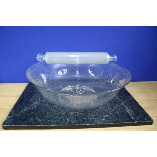 113 - Huge Glass Bowl and Vintage Glass Rolling Pin Containing 5p, 40.5cm Diameter