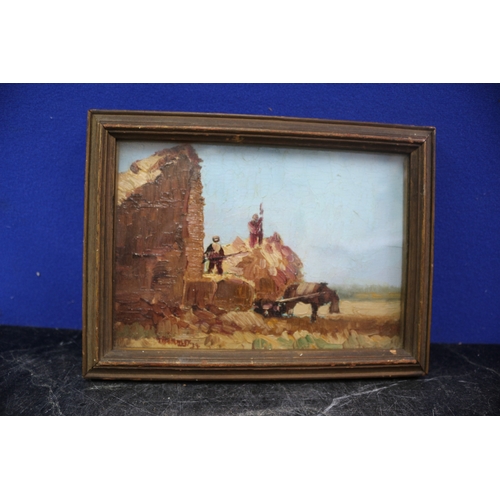 120 - Original 1934 Oil On Board Painting 'Hay Workers', Framed, By Morgan Alfred Thornley, 22 x 16 cm