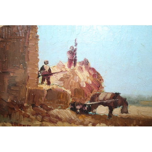 120 - Original 1934 Oil On Board Painting 'Hay Workers', Framed, By Morgan Alfred Thornley, 22 x 16 cm