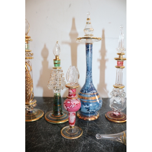 28 - Collection of Genie Style Glass Perfume Bottles/Dobbers, Tallest is 17.5cm, One is chipped.