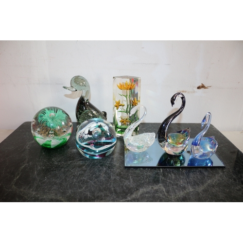 29 - Glass Items Including Green Duck, Swans Paperweight etc