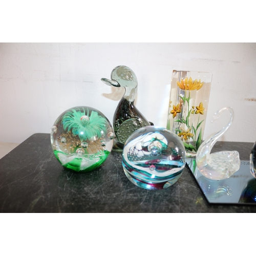 29 - Glass Items Including Green Duck, Swans Paperweight etc