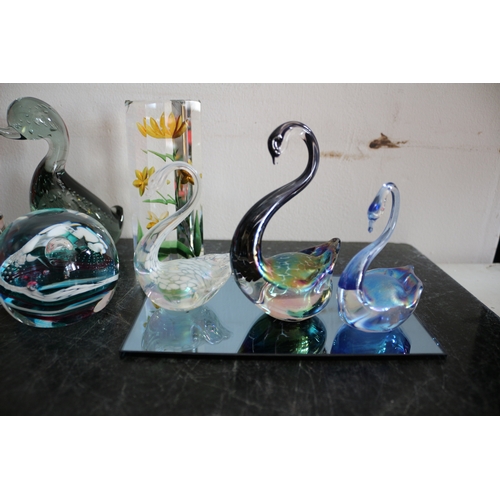 29 - Glass Items Including Green Duck, Swans Paperweight etc