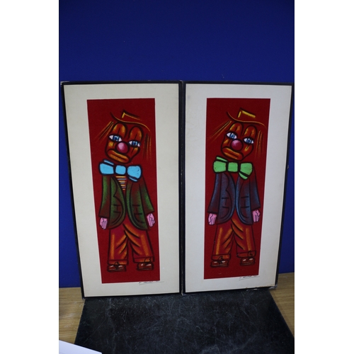 4 - 2x Acrylic on Felt Clown Pictures, Signed in Pen, 27 x 56 CM Each