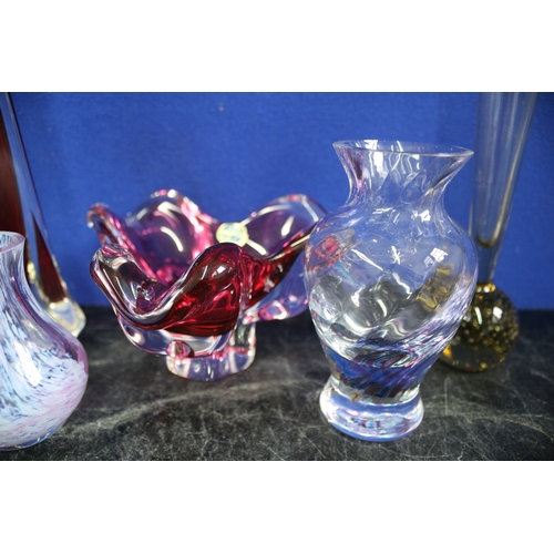 73 - x4 Coloured Glass Vases Plus Bohemia Bowl, Tallest is 24cm