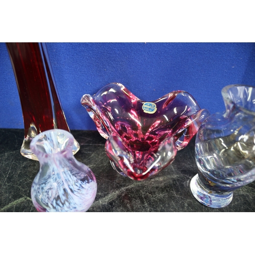 73 - x4 Coloured Glass Vases Plus Bohemia Bowl, Tallest is 24cm