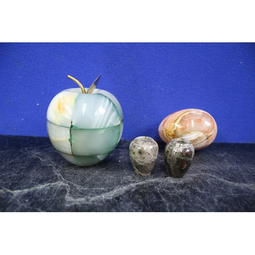 84 - Stone Items Including Apple, Egg and 2 small Vases, Apple is 9cm Tall