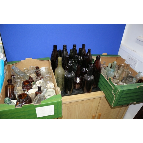 176 - Large Selection of Vintage Glass Bottles Including 2 Trays of Medicine Bottles