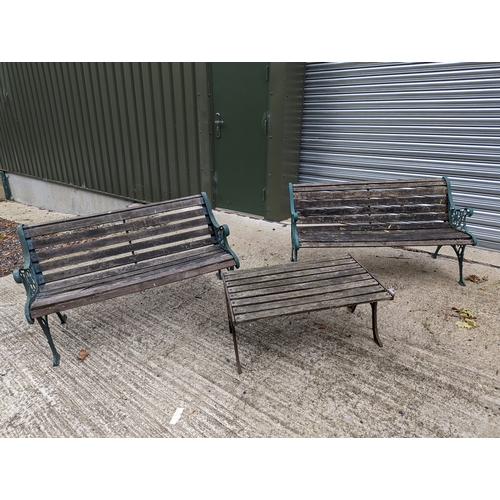 104 - 2 Aged Wooden Garden Benches & Table with Wrought Iron Scroll Ends