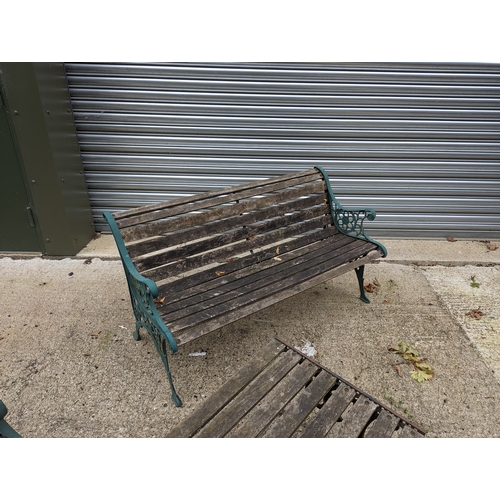 104 - 2 Aged Wooden Garden Benches & Table with Wrought Iron Scroll Ends