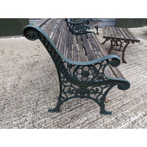 104 - 2 Aged Wooden Garden Benches & Table with Wrought Iron Scroll Ends