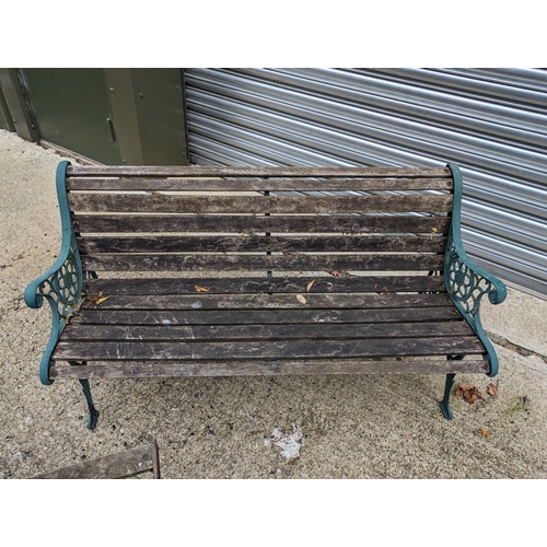 104 - 2 Aged Wooden Garden Benches & Table with Wrought Iron Scroll Ends