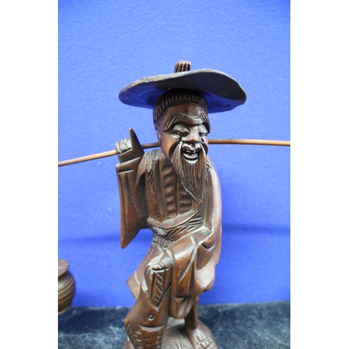 15 - Vintage Hand Carved Wooden Chinese Fisherman Figure 
16cm Tall