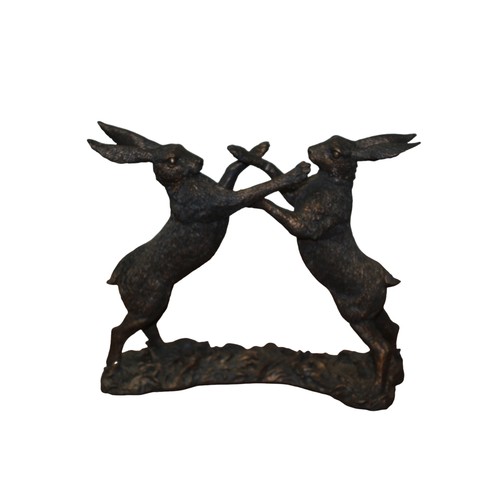 34 - Pair of Cotemporary Bronzed Resin Hares Boxing, 22cm long x 19cm tall