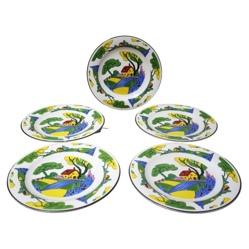 38 - Royal Garden Fine China Plates with Clarice Cliff Designs on Them, 5 of, 27cm Diameter