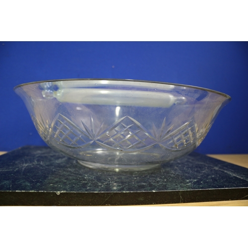 285 - Huge Glass Bowl and Vintage Glass Rolling Pin Containing 5p, 40.5cm Diameter