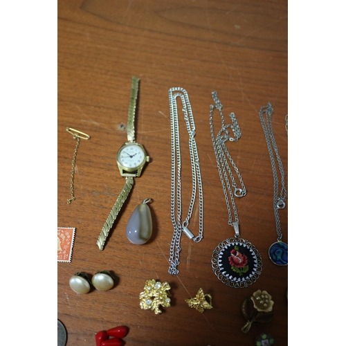 381 - Aged Costume Jewellery including Gold Plated Watch and Stamp, Half Penny 1934