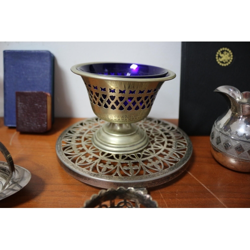 393 - Selection of Plated Ware, Religious Books and Glass Pot (has a few nibbles)