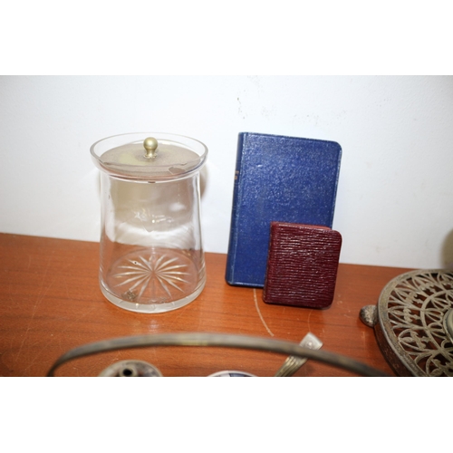 393 - Selection of Plated Ware, Religious Books and Glass Pot (has a few nibbles)