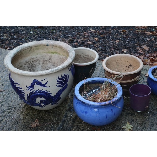 171 - Bundle of Plant Pots Including Blue and White Dragon Design