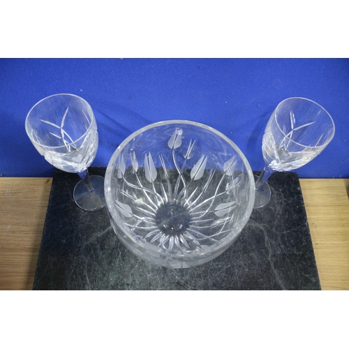 173 - Very Good Quality Crystal Bowl, Etched Bowl and Wine Glasses