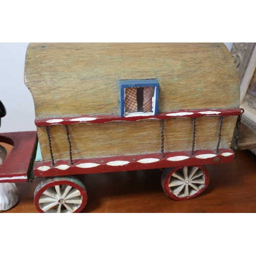 232 - Handmade Wooden Gypsy Caravan & Shire Horse , 60cm Long x 25cm High