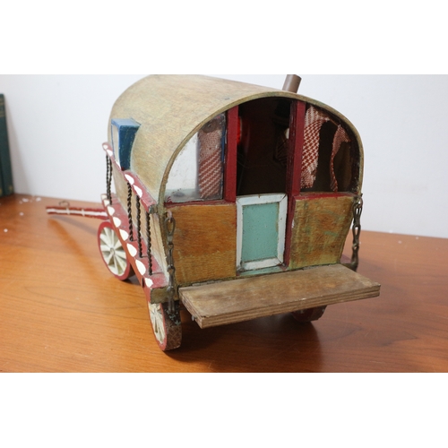 232 - Handmade Wooden Gypsy Caravan & Shire Horse , 60cm Long x 25cm High