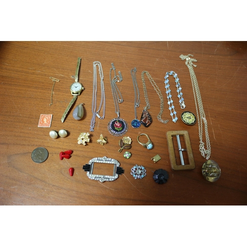 303 - Aged Costume Jewellery including Gold Plated Watch and Stamp, Half Penny 1934