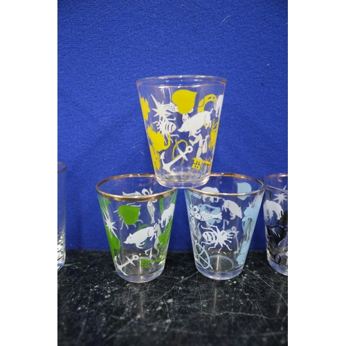 408 - 7 Mid Century Shot Glasses, Kingfisher & Sea Scenes