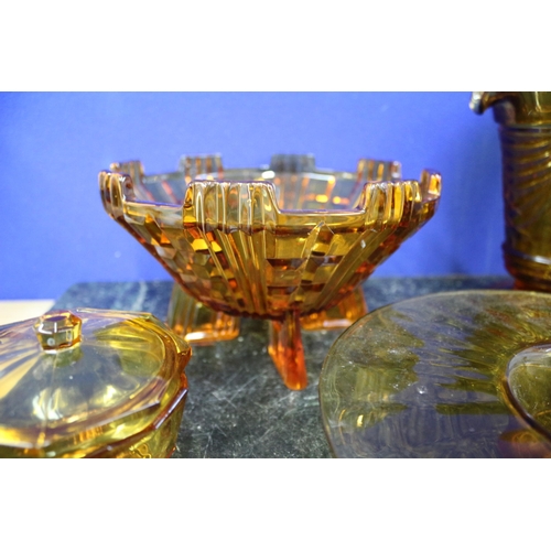 409 - Orange Coloured Glass Set, 5 Pieces, Jug is 18.5cm