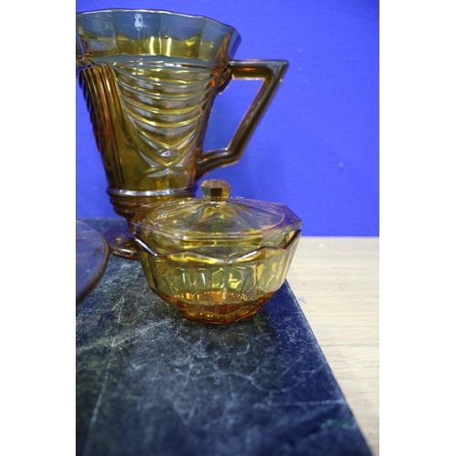 409 - Orange Coloured Glass Set, 5 Pieces, Jug is 18.5cm