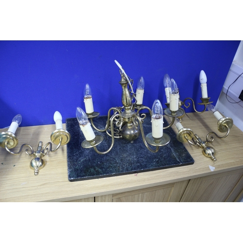 33 - 3 Brass Chandeliers plus 7 Wall Lights and Shades