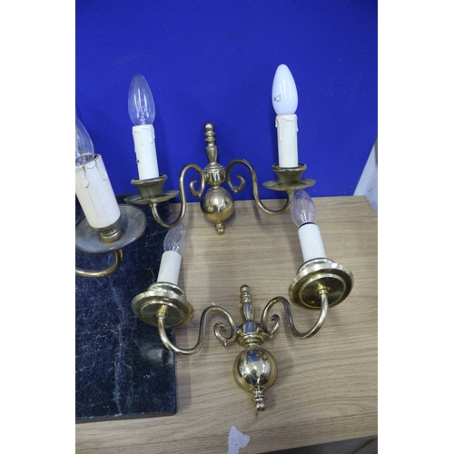 33 - 3 Brass Chandeliers plus 7 Wall Lights and Shades