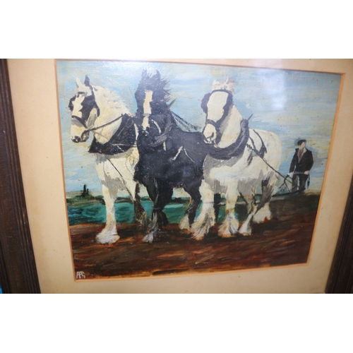 34 - Signed Oil on Board Horse Plough Print, Carved Wood Block and Table A/F