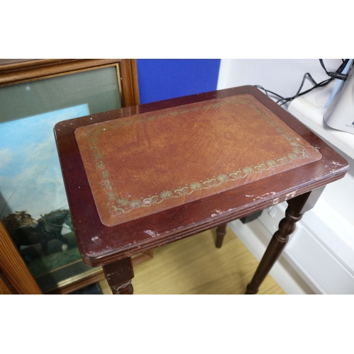 34 - Signed Oil on Board Horse Plough Print, Carved Wood Block and Table A/F