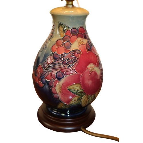 431 - Moorcroft Finches and Berries Lamp with Shade, 1991 by Sally Tuffin, 27cm to Top of Lamp Holder