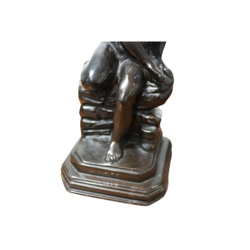 636 - Bronze of a Young Girl Sitting on a Wall Nude and Looking Downwards, 32cm Tall, Unsigned