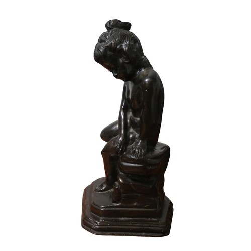 636 - Bronze of a Young Girl Sitting on a Wall Nude and Looking Downwards, 32cm Tall, Unsigned