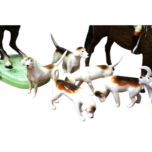 638 - Beswick Fox Hunting Set of 13, 2 Huntsman on Rearing Horses, Model 868, 1 Huntsman on Standing Horse... 