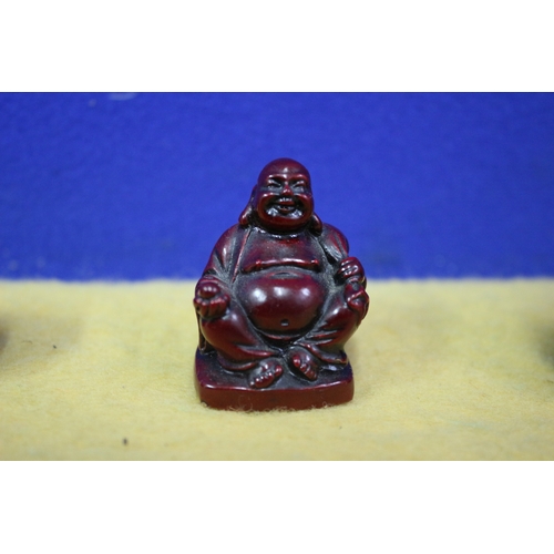 49 - 3 MINIATURE BUDDHA AND LUCKY ELEPHANT FIGURES, 5CM TALL