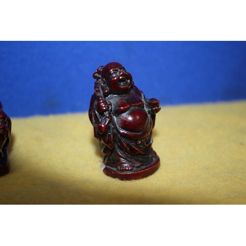 49 - 3 MINIATURE BUDDHA AND LUCKY ELEPHANT FIGURES, 5CM TALL